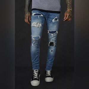 BOOHOO MAN SKINNY STRETCH DIAMANTE RIP & REPAIR JEANS SIZE 32 NWT